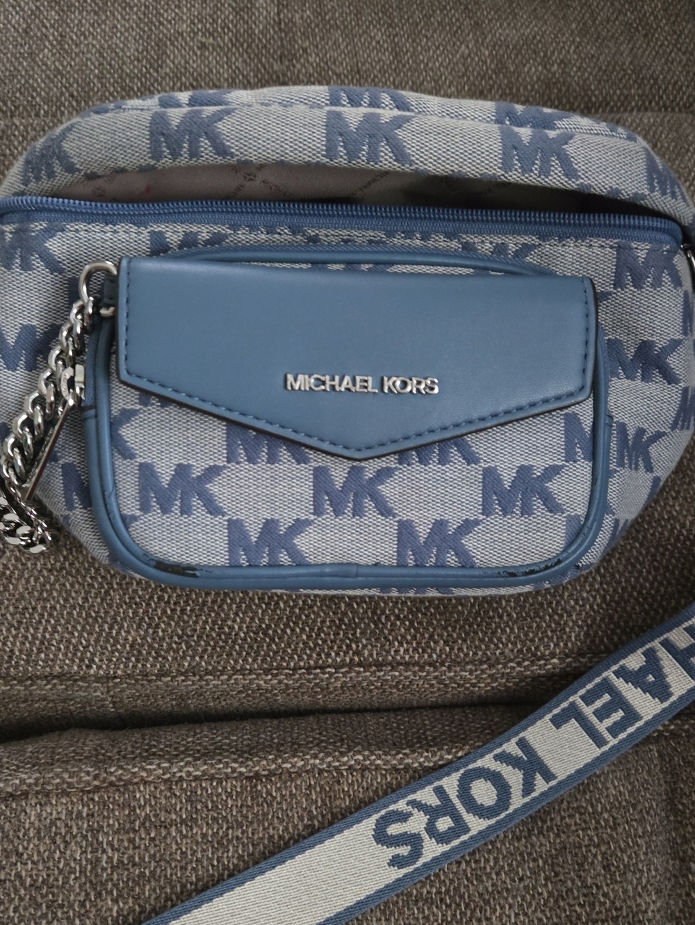 Michael Kors Denim-Style Blue MK Logo Belt Bag with Leather Trim